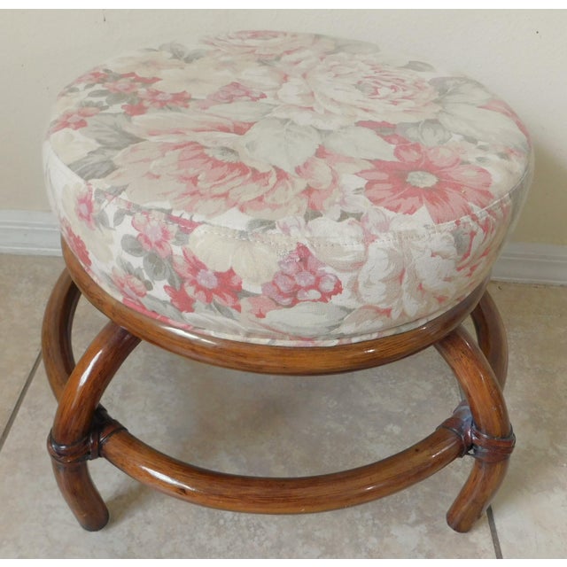 Vintage Mid Century Round Leather Wrapped Rattan Stool Flower Upholstery For Sale In West Palm - Image 6 of 8