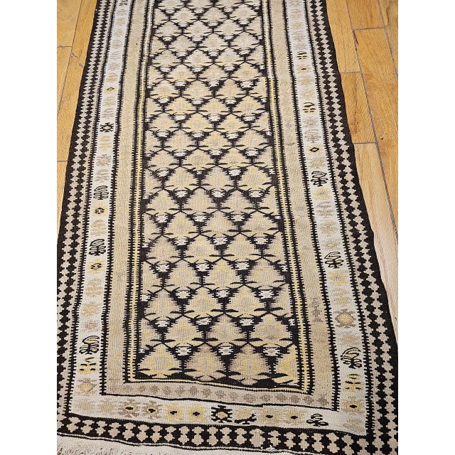 Vintage Persian Qazvin Tribal Kilim Runner, Handwoven Wool, Allover Paisley Pattern, Tan & Brown, 3x11 For Sale - Image 17 of 18