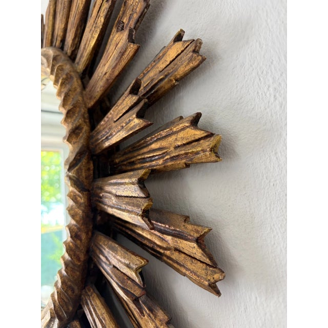 Beautiful big French wood gold starburst. Amazing patina. Rare double wood rays with mirror in great shape. Mirror itself...