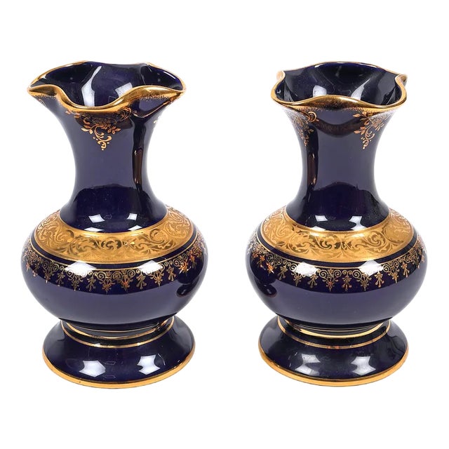Vintage Vases with Gold Friezes from Limoges Porcelain, 1950, Set of 2 For Sale