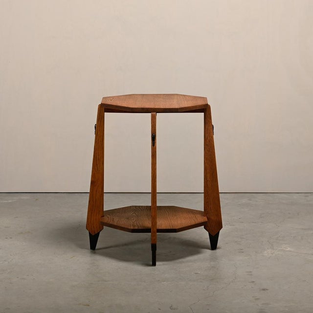 Art Deco Modernist side table, accent table, or plant table in Amsterdam School style, Netherlands, 1930s. Solid oak frame...