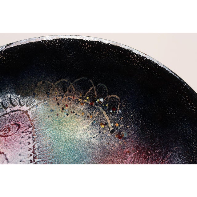 Large Vintage Enamel on Copper Sgraffito Peacock Decorative Plate by Arpad Rosti For Sale - Image 12 of 13