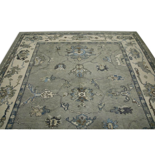 Early 21st Century Gray Floral Design Handwoven Wool Turkish Oushak Rug 8'11" X 9'9" For Sale In Houston - Image 6 of 8