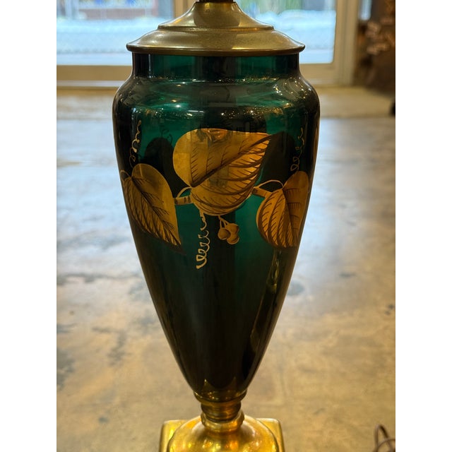 Antique 1920's Restored Italian Green Italian Teal Green Glass Lamp Pair Fine Gilt Leaf Decoration on Marble Base For Sale - Image 4 of 6