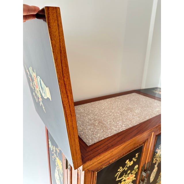 Mid-20th Century Japanese Lacquered Bar Cabinet With Hand-Painted Panels and Expanding Top For Sale In Los Angeles - Image 6 of 15