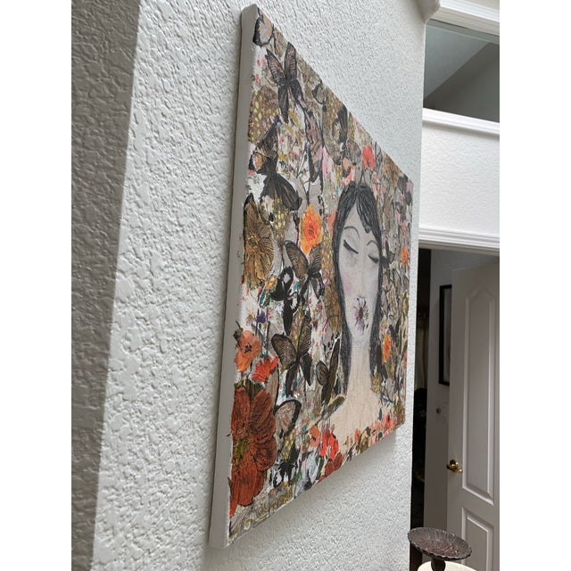 Textile Mixed Medium Collage Portrait Painting on Canvas For Sale - Image 7 of 9