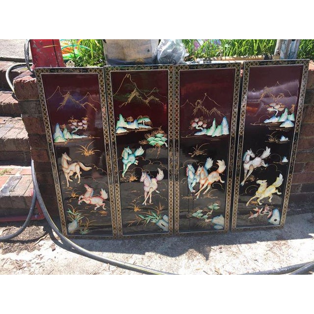 Vintage Oriental Mother of Pearl Relief Horses Black Lacquer Wall Art Screens Set of 4 Chairish