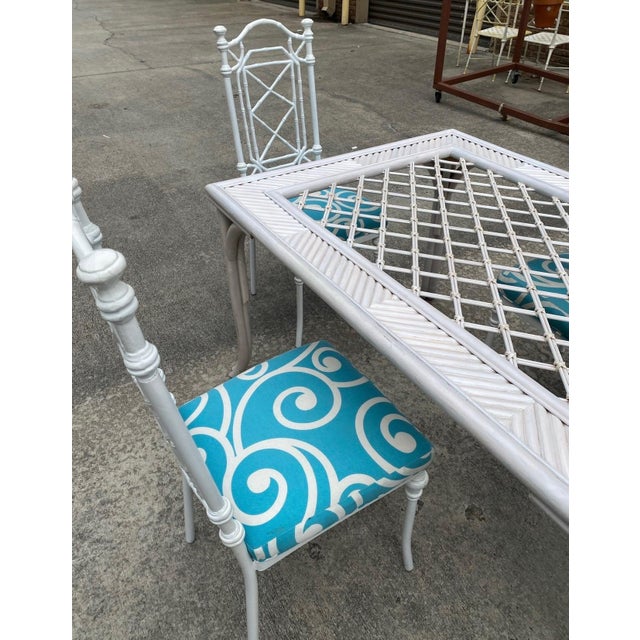 Wood 1970s White Wicker Dining Table With Metal Chairs and Blue Accent Cushions For Sale - Image 7 of 9