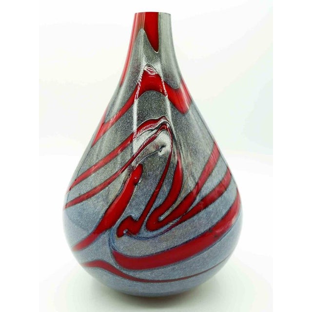Vintage vase is an object realized in 1970s. Grey vase with red decorations. Excellent condition