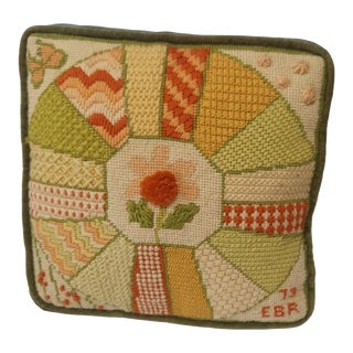 Vintage Handmade Pillow Orange Avocado Green Crewel Boho Cottage 1973 Embroidery For Sale