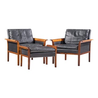 Knut Saeter for Vatne Møbler Mid Century Norwegian Rosewood and Leather Lounge Chairs - Pair With Ottoman For Sale