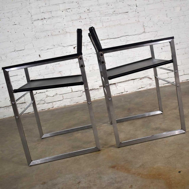 Vintage Chrome & Black Vinyl Faux Leather Sling Director’s Chairs Straight Legs, a Pair For Sale - Image 6 of 13