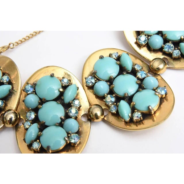 Turquoise Vintage Elsa Schiaparelli Faux Turquoise, Gold Metal and Rhinestone Cluster Bracelet, 1950's For Sale - Image 8 of 10