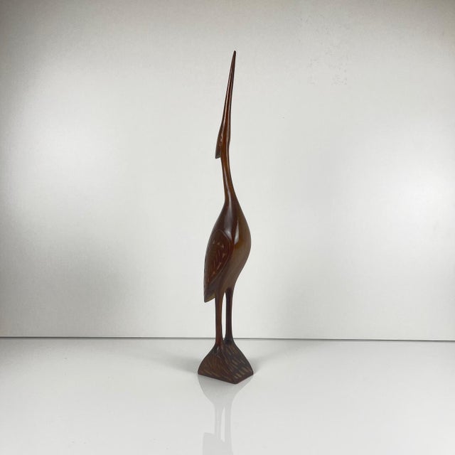 Brown Carved Wooden Heron Statue, Mid-20th Century For Sale - Image 8 of 10