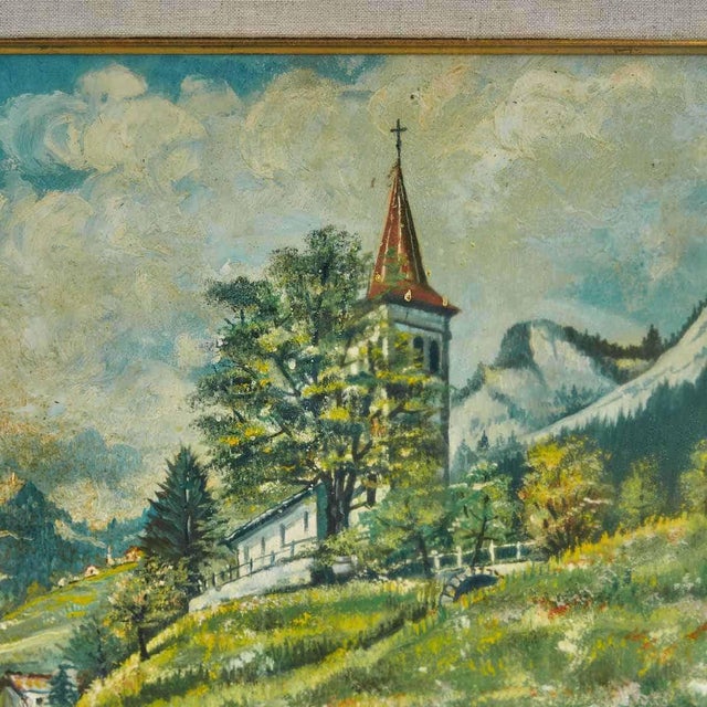 Oil on Panel Mountain Landscape with Gilded Frame by G. Raguso, 1960s