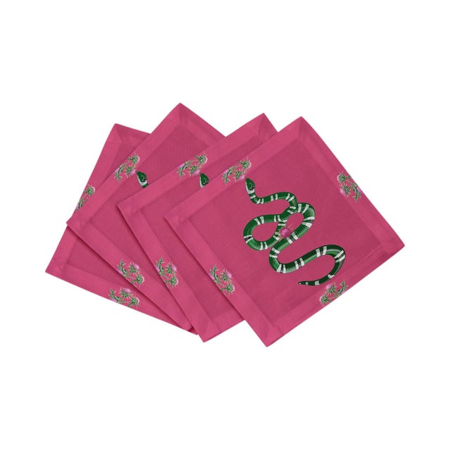 Thistle And Snake Cotton Sateen Cocktail Napkins in Pink, Set of 4 For Sale In Miami - Image 6 of 6