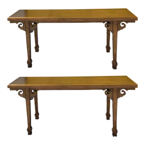 1970s Ming Style Carved Walnut Draw Leaf Alter / Console Tables by Drexel, Pair