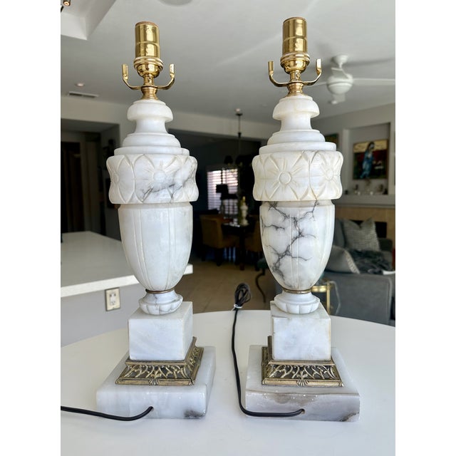 Metal Pair of Italian Neoclassic Alabaster Table Lamps, Hand-Carved, 1950s For Sale - Image 7 of 18