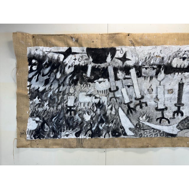 • Acrylic on Loose Burlap. One of a kind. • 100" x 40" (overall dimensions, not painted area) • Signed on the front •...