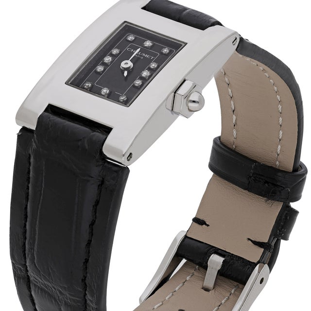 1990s Vintage Chaumet Still De Chaumet Diamond Dial Steel Quartz Black Strap Watch For Sale - Image 5 of 5