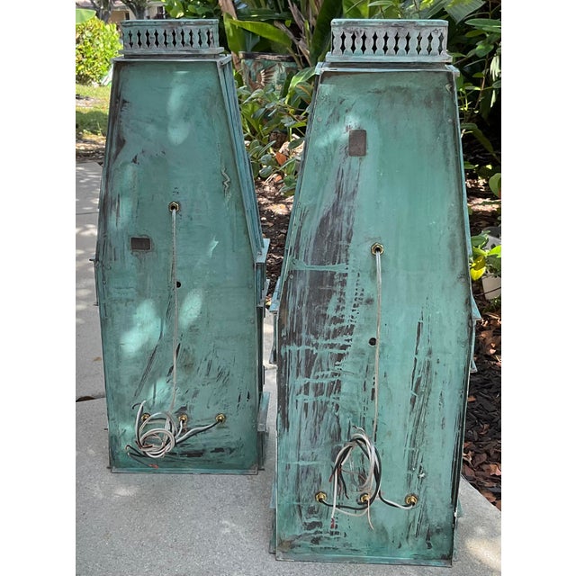 Pair of Monumental Art Deco Style Verdigris Copper & Brass Wall Lanterns For Sale - Image 9 of 16