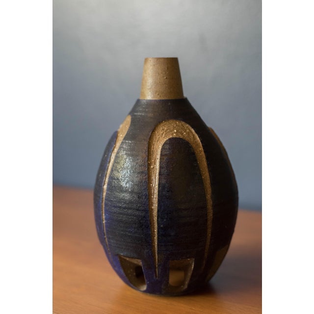 Vintage Sculptural Decorative Blue Stoneware Ceramic Pottery Bud Vase For Sale - Image 4 of 9