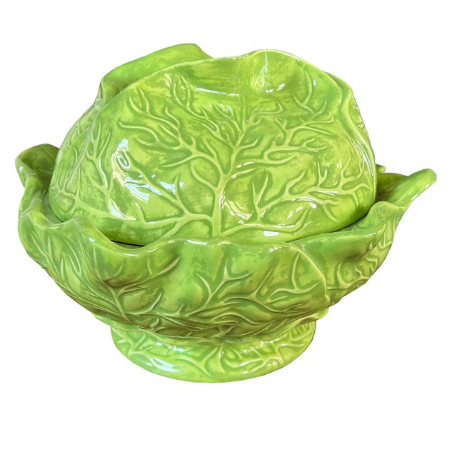 Green Large 1970s Hollywood Regency Green Ceramic Cabbage Ware Serving Bowl With Lid For Sale - Image 8 of 8