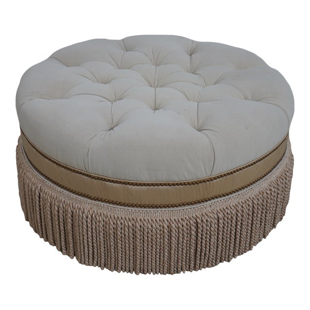 Hancock & Moore Tufted Suede Round Ottoman For Sale