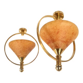 1960s Pair of Amber, Mid Century Modern Glass Chandeliers For Sale