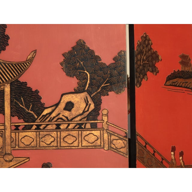 Red 84"Tall Vintage Six Panel Oriental Asian Red Folding Screen Room Divider Palace For Sale - Image 8 of 18