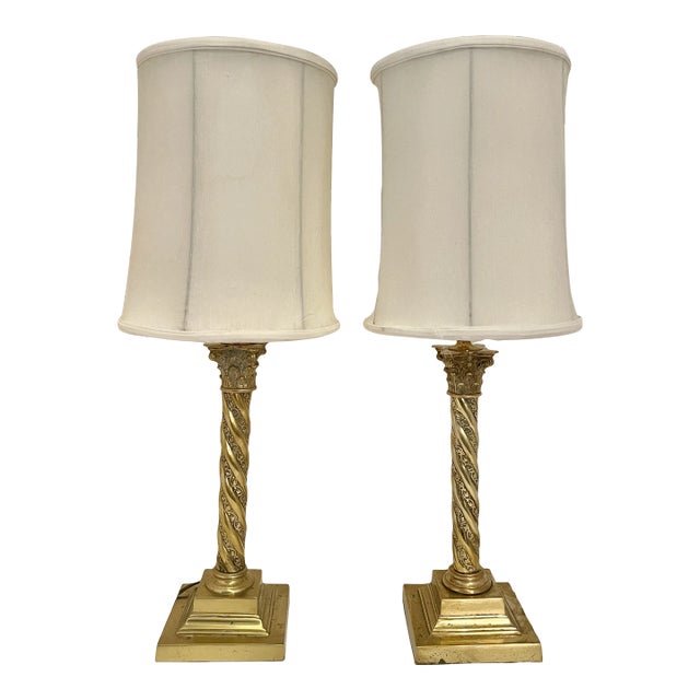 19th Century Victorian Period Pair Brass Column Table Lamps For Sale