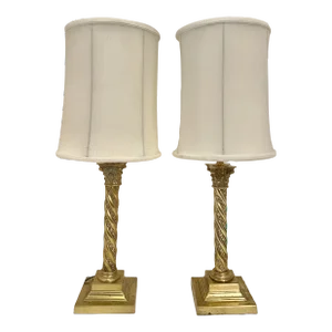 19th Century Victorian Period Pair Brass Column Table Lamps