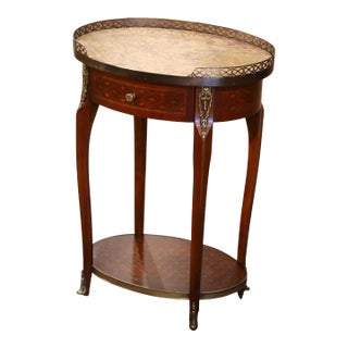 Mid-Century Louis XV French Marble Top Walnut Marquetry Oval Side Table For Sale