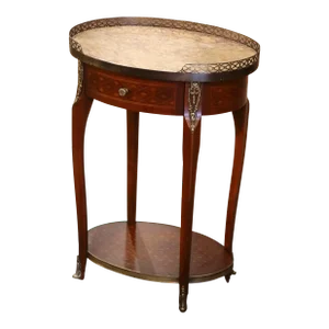 Mid-Century Louis XV French Marble Top Walnut Marquetry Oval Side Table