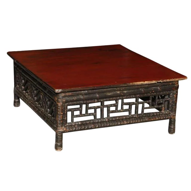 Small 19th Century Chinese Bamboo With Red Lacquered Top Coffee Table For Sale