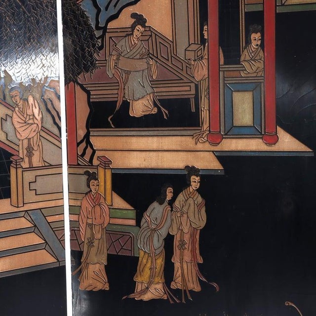 Antique Chinese Carved, Ebonized & Hand Painted Four-Panel Dressing Screen C1930 For Sale - Image 9 of 18