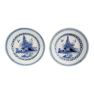 Antique English Delft Chinoiserie Plates, Pair Attributed to Lambeth For Sale