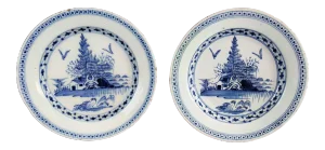 Antique English Delft Chinoiserie Plates, Pair Attributed to Lambeth