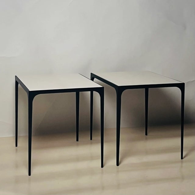 Art Deco Pair of 'Esquisse' Blackened Iron and Travertine End Tables by Design Frères For Sale - Image 3 of 8