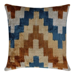 Canvello Geomatic Blue Brown Handmade Velvet Throw Pillow & Down Insert For Sale