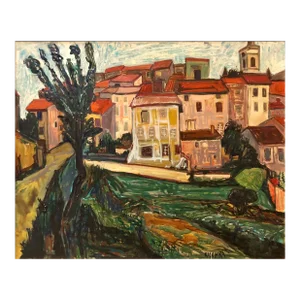 Isis Kischka, French Modernist LANDSCAPE WITH HOUSES School of Paris Oil Painting