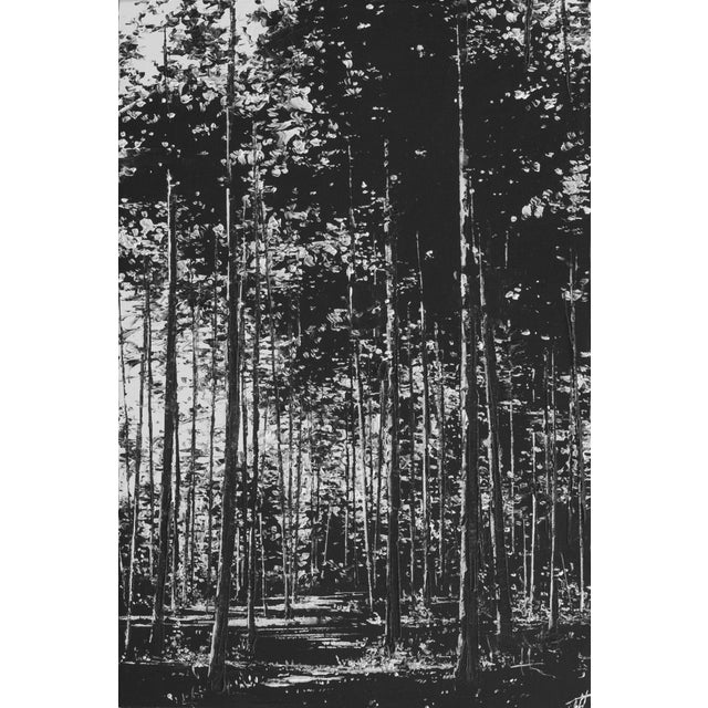 Where No One Hears by Todd Carpenter | Oil on Board Black and white forest landscape. For Sale