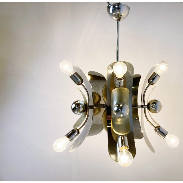 Vintage Italian Chrome & Brass Chandelier, 1970s For Sale - Image 4 of 13