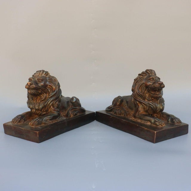 Traditional Pair of Antique Brass Recumbent Lions – 11" Library Lions on Rectangular Plinths For Sale - Image 3 of 10