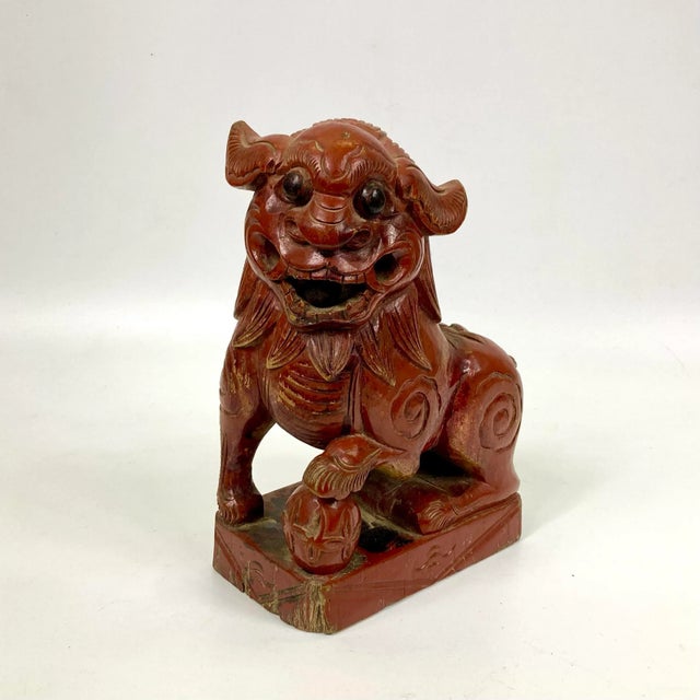 Paint 19th Century Chinese Red Lacquered Wooden Foo Dog For Sale - Image 7 of 7