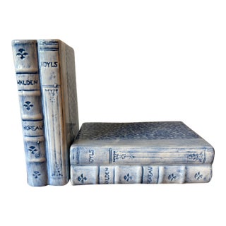 Pair of Faux Book Themed Book Ends, Blue & White Hand Painted Ceramic, Heavy For Sale