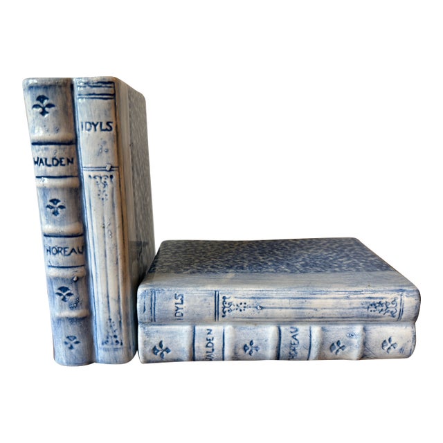 Pair of Faux Book Themed Book Ends, Blue & White Hand Painted Ceramic, Heavy For Sale