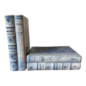 Pair of Faux Book Themed Book Ends, Blue & White Hand Painted Ceramic, Heavy