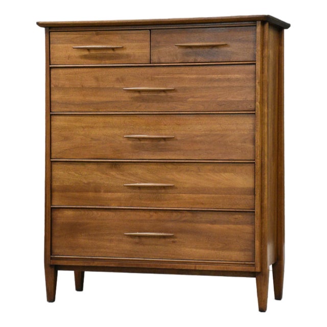 1960s Walnut Tall Mid Century Modern Dresser by Davis Cabinet Company For Sale