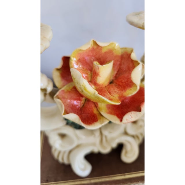 1960s Pair of Vintage Ivory Ceramic Rose Double Candle Holders For Sale - Image 5 of 18